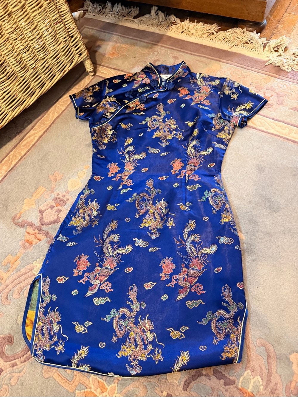 Blue Dragon-Print Short Qipao Dress